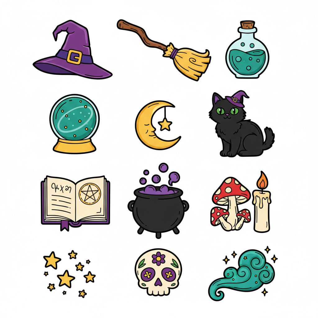 Farbige Halloween-Cliparts: Hexenhut, Besen, Zaubertrank, Glaskugel, Mond, Katzen, Zauberbuch, Kessel, Pilze, Kerze, Sterne, Schädel und Rauch.