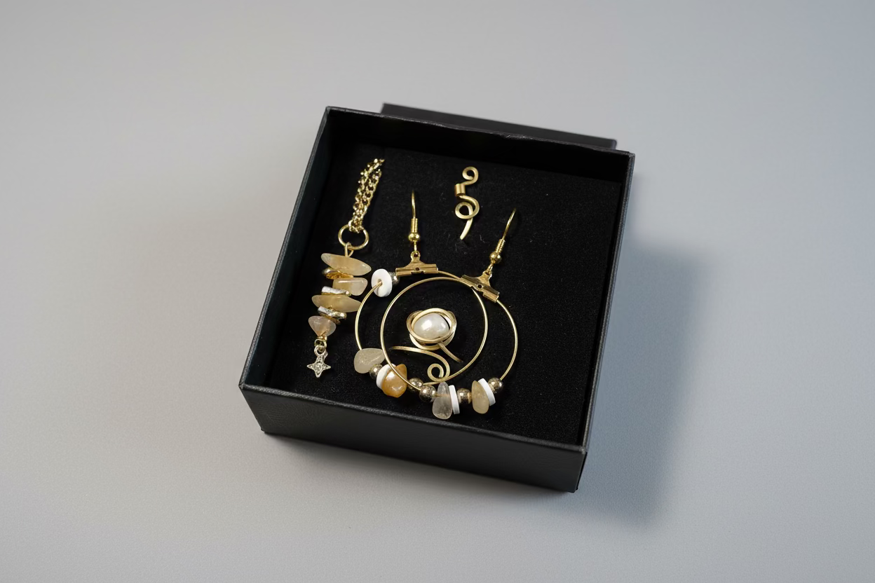 Vierteilige Schmuckset Aus Quarz Und Calcit Mit Ohrringen Halskette Ring Und Nasen Cuff