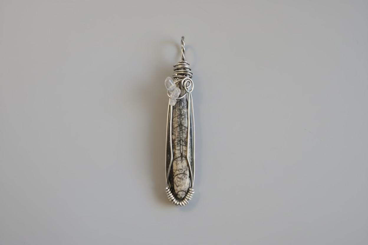 Wire wrapped fossil with clear quartz