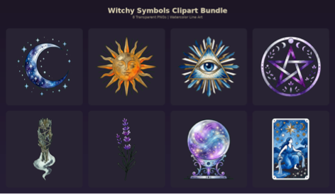 Witchy Symbols Clipart Bundle | Mystical Watercolor PNG | Spiritual & Witchy Clipart