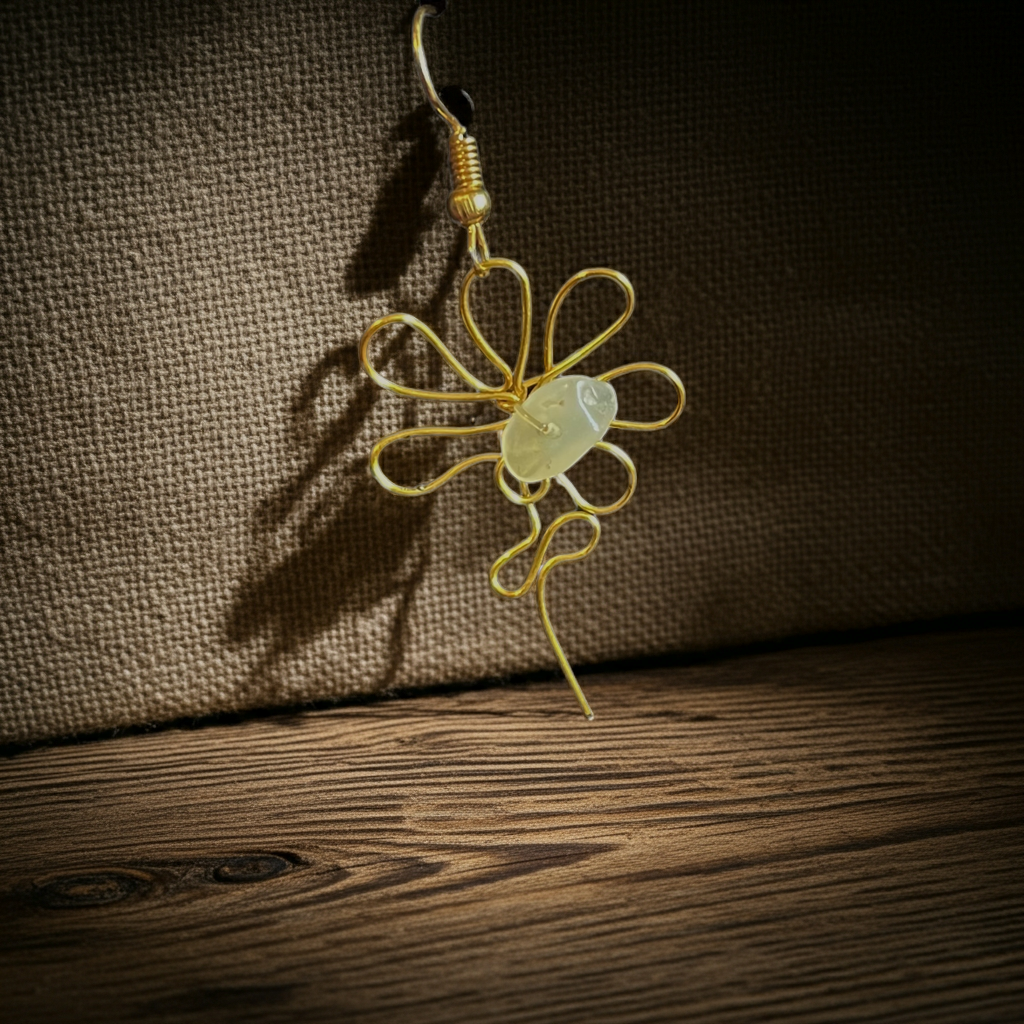 Handgefertigte Blüten-Ohrringe mit Naturstein und goldfarbener Drahtkunst