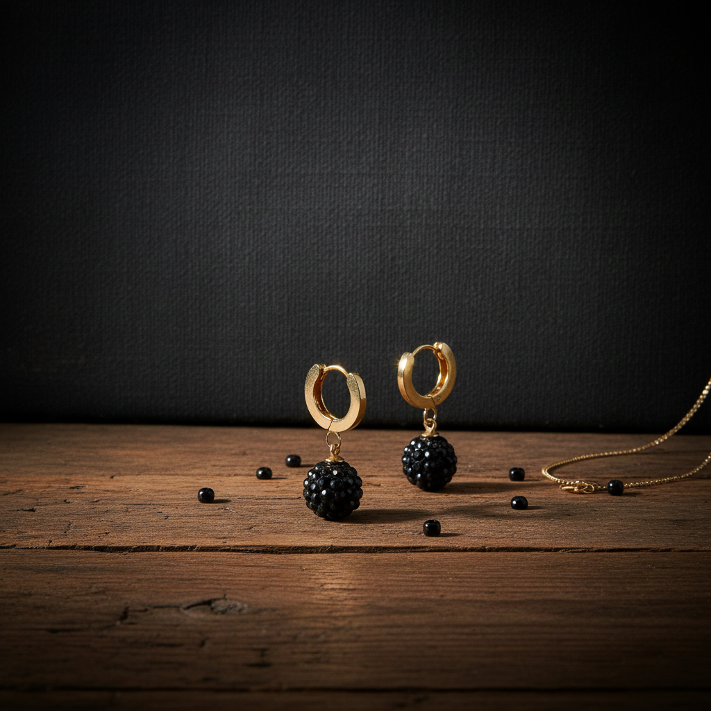 Elegante Gold-Hoops mit schwarzen Kristallkugeln – Handgefertigte Statement-Ohrringe